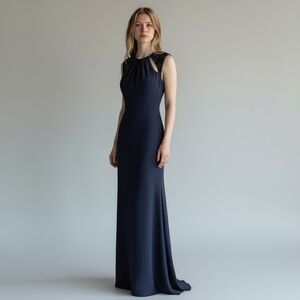 ✨ Red Carpet Ready: Badgley Mischka Navy Embellished Crepe Gown ✨